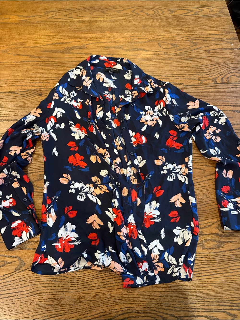 Banana Republic Navy Button-Down Blouse with Red, Pink & Cream Floral Print